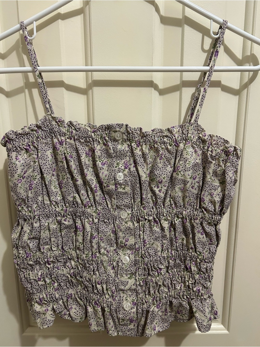 Zara Cream Top with Purple Floral Print and Green Accents